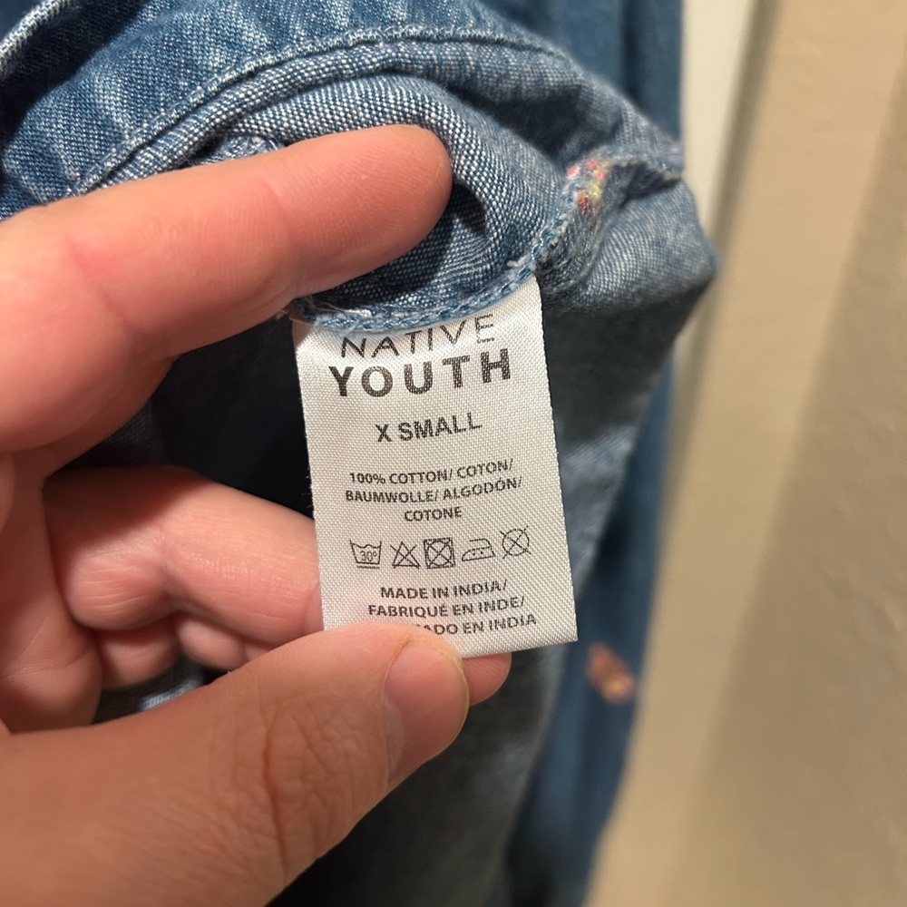 Native Youth Oversized Denim Shirt Flower Embroidery Cottagecore Festival,XS - Picture 5 of 6